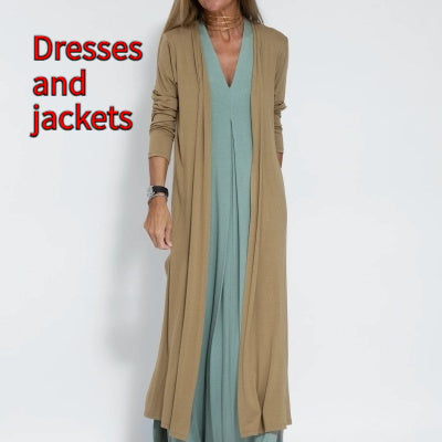 New Solid Color V-neck Sleeveless Dress Long Cardigan Jacket Suit For Women
